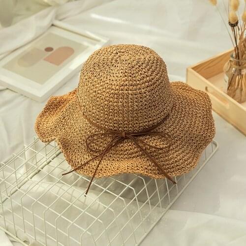 Raffia Wide Brim Soft Bone Summer Solid color Panama cap Beach Womens Bucket Hat