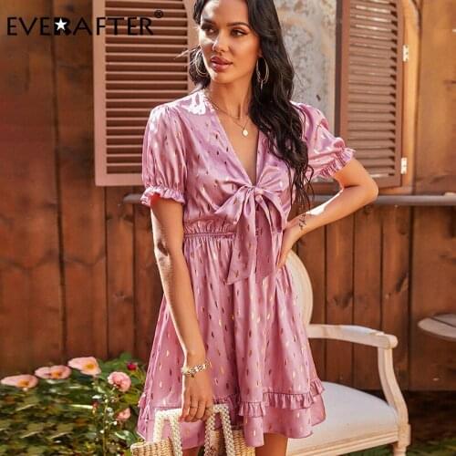 EVERAFTER Elegant Polka Dot Print Bandage Womens Dress Summer High Waist Short Sleeve Ruffles Ladies Office Lady Midi Dresses