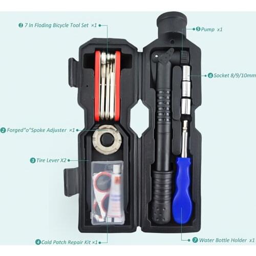 Portable Kettle Type Bicycle Repair Tools Kit with Storage Box with Spoke Regulator Tire Lever Pump Bottle Cage New