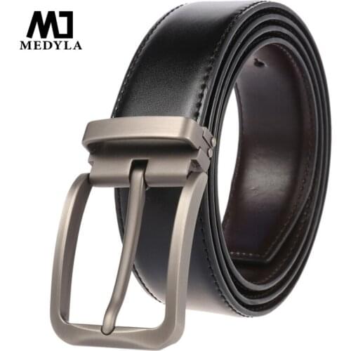 MEDYLA genuine leather belts for men male pin buckle jeans Waist Belt Mens black brown two sides color Belt dropshipping