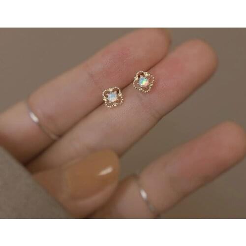 Besimpol 925 Sterling Silver Square Opal Small Earrings Simple Gold Flower Stud Earrings For Women Luxury Vintage Fine Jewelry