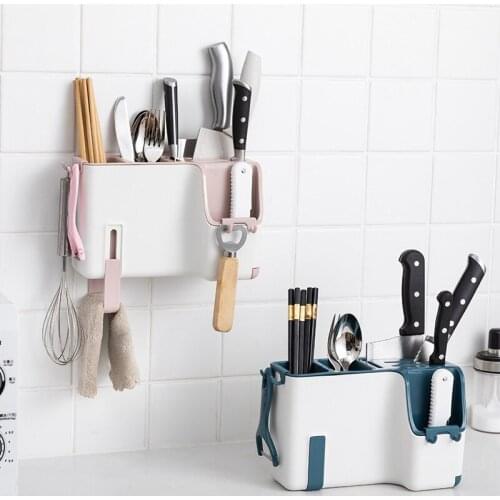 Chopsticks Storage Rack Punch-free Wall Mounted Kitchen Shelf With Drip Tray Multi-function Spoon Fork Holder Kitchen Organizer