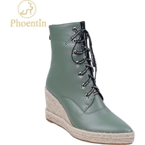 Phoentin green platform wedge boots women 2019 winter lace up shoes female PU leather pointed toe large size footwear FT789