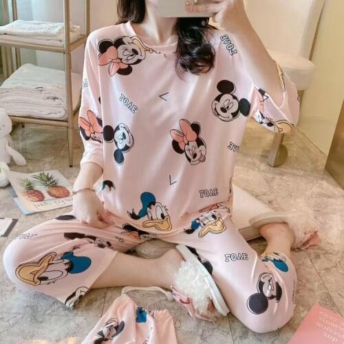 Disney lady nightgowns Spring summer Cropped trousers white snow printing pajamas women short sleeve loose milk silk sleepwear