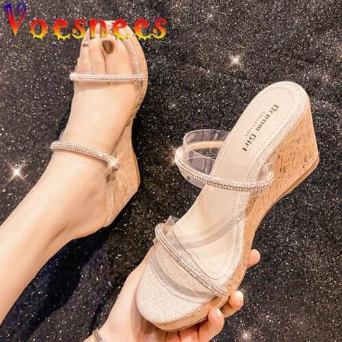 New Beach Wedges Slippers Bling Chain One Word Strap Platform Nightclub Women Shoe Peep Toe Sweet Crystal High Heels Sandals