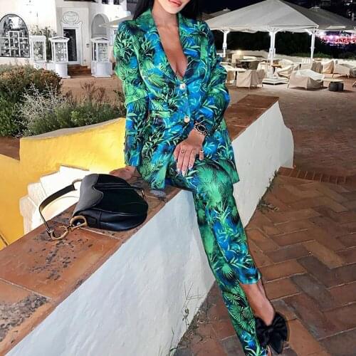 Fashion Autumn Winter Women Pant Suit Green Print Single Breasted Blazer Jacket & Pant 2020 Office Two Piece Set Blazer Suit