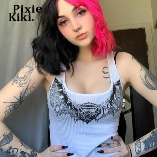 PixieKiki E Girl Style Aesthetic Graphic Cyber Y2k Tank Tops for Women Emo Summer Clothes Ribbed White Crop Top P70-AG10