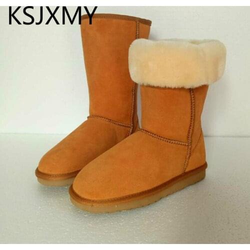 KSJXMY Winter Snow Boots Women Shoes Cow Split Mid-calf Slip-on Shoe Round Toe Flat Leather Knee High Boots For Women