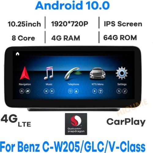 10.25" Snapdragon CPU 8Core CPU 4+64G Android 10 Car Multimedia Player for Mercedes Benz C W205 GLC-X25 V CLASS W446 2015-2020