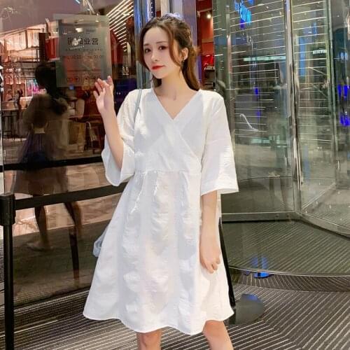 351# Maternity Clothes Summer Short Sleeve Easy Matching Loose Stylish V Neck Dress for Pregnant Women Mom Dress