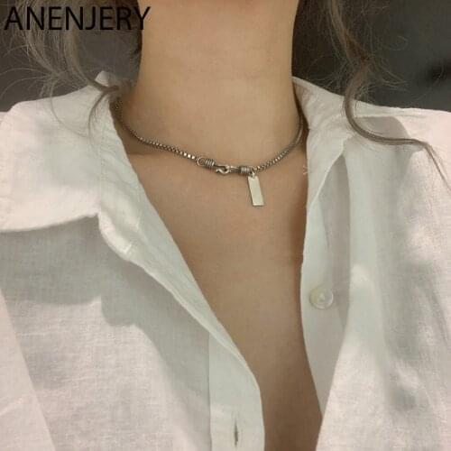 ANENJERY 925 Sterling Silver Double Hook Box Chains Necklace Vintage Punk Letter Couple Necklace For Women Men S-N541