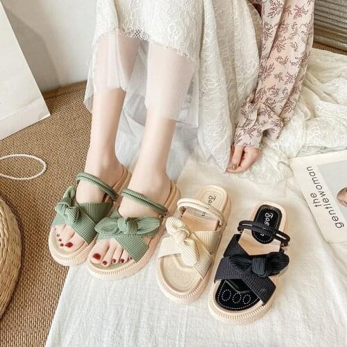 2021 Sandals Ladies Shoes Summer Clogs With Heel Suit Female Beige Med New Thick Flat Bow Fashion Black Clear Comfort Elastic