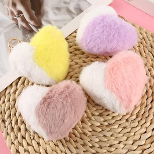 Heart Pompoms Keychain Rainbow Plush Balls Key Chains Decorative Pendant for Women Bag Accessories Keychains Car Fashion Keyring