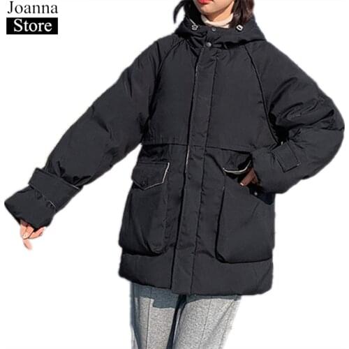 Long white jacket women winter coat plus size loose coats streetwear casual womens clothing korean style big pockets outwear