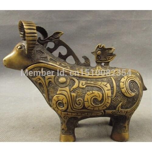 Folk Chinese Bronze Carved Animals Goat Sheep Zun Statue Incense Burner Censer