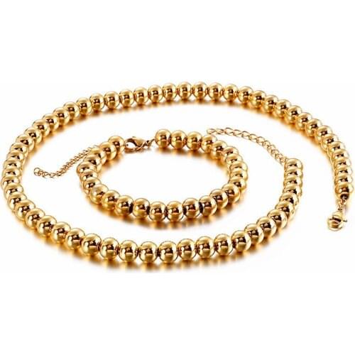 Fashion All Beads Choker Necklaces Bracelets Sets For Women Tri-color Stainless Steel Strand Beaded Femme Jewelry Sets