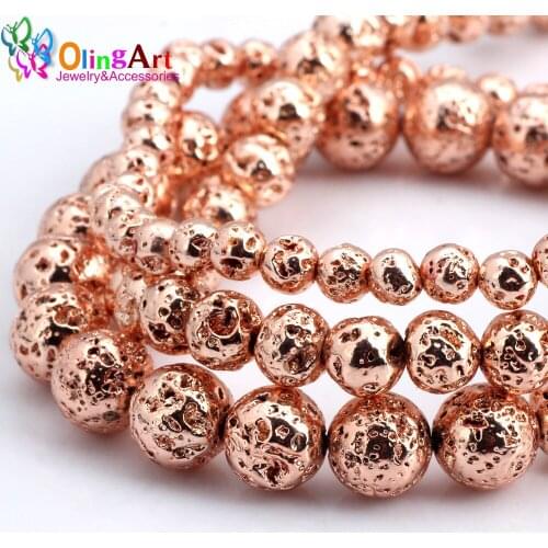 Olingart Round Beads Volcanic Rock Stone Plating gold/silver color /Rose Gold/copper/black 4/6/8mm mix 45pcs DIY Jewelry Making