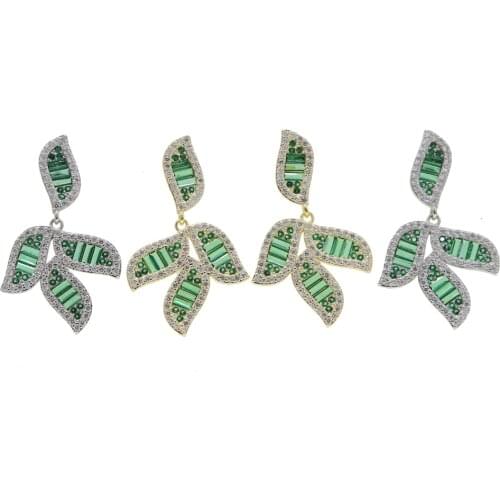 Summer new luxury High quality women jewelry baguette micro pave cz sparking cz green leaves flower drop dangling women earring