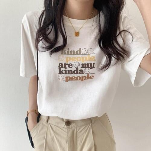 Letter smiley face short sleeve T-shirt summer thin loose 2021 new white round neck versatile blouse