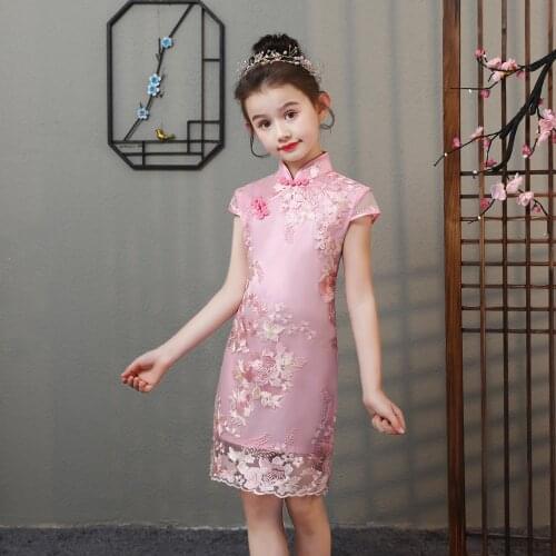 Lovely Girls Summer Lace cheongsam Dress Cute Princess Girls Flower Embroidery Dresses Kids Party Ball Gown Clothing