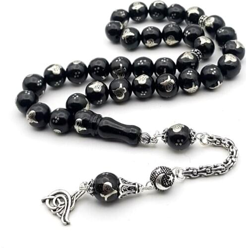 Muslim Prayer Beads Tugra Engraved Oltu Stone Tasbih 925 Sterling Silver Tugra Tasseled