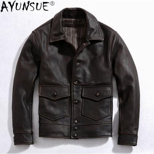 AYUNSUE 2021 New Vintage Leather Jacket Men Motorcycle Genuine Cow Leather Coat Man Spring Fall Coats Chamarras Para Hombre