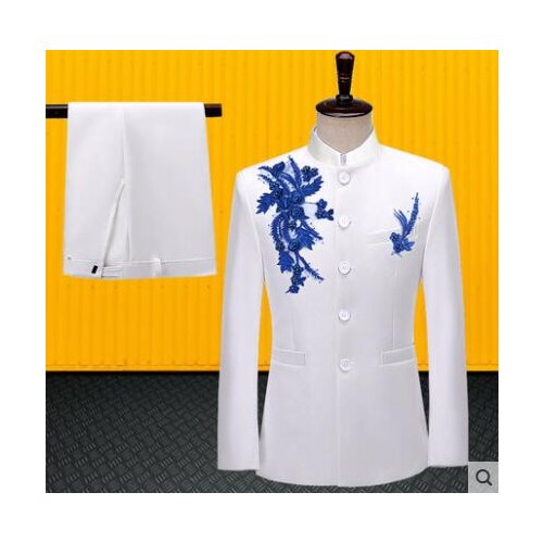 Retro blazer men Chinese tunic suit set with pants mens wedding suits costume singer stage clothing formal dress stand collar
