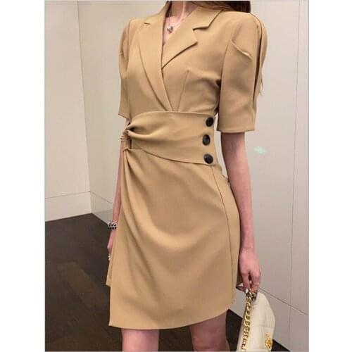 New 2020 Women Summer Cargo Dresses High Waist Pockets Single Breasted Puff Sleeve Casual Lace up Mini Dress CL395