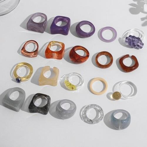 New Aesthetic Colorful Transparent Resin Acrylic Crystal Marble Pattern Ring for Women Korean Geometric Irregular Square Rings