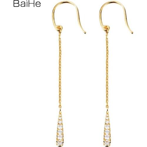BAIHE Solid 18K White/Yellow/Rose Gold 0.20ct H/SI Natural Diamond Wedding Fine Jewelry ear hook long tassel Earrings for Women