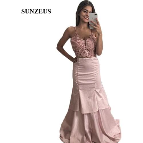 Spaghetti Straps Sweetheart Prom Dresses Long Lace Appliques Beaded Straight Prom Gowns Tiers Skirt Graduation Dresses SP28