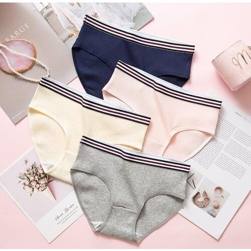 3 Pcs Women Cotton Panties Solid Underwear Female Striped Breathable Seamless Sport Briefs Soft Sexy Sanitary Panties Lingerie