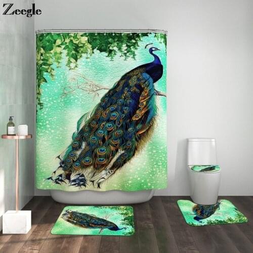 Peacock Home Decor Bath Mat and Waterproof Polyester Shower Curtain Set Non-slip Floor Mat for Bathroom Carpet For Bathroom Set