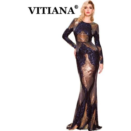 VITIANA Women Sequined Sexy Party Long Dress Female Long Sleeve Backless Blingbling Dresses Femme Club Host Night Vestidos