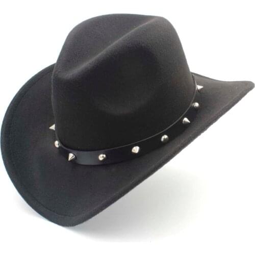 Womens Wool Felt Western Cowboy Hat With Roll-up Wide Brim Gentleman Lady Jazz Cowgirl Punk Rivet Belt Sombrero Caps C18