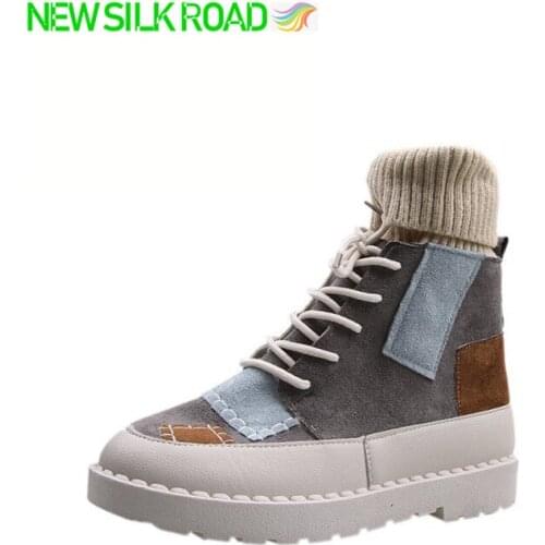 2020 New Arrivals Retro Suede Nubuck Canvas Women Boots Shoes Threading Style Mixed Color Knitting Booties Ladies Botas De Mujer