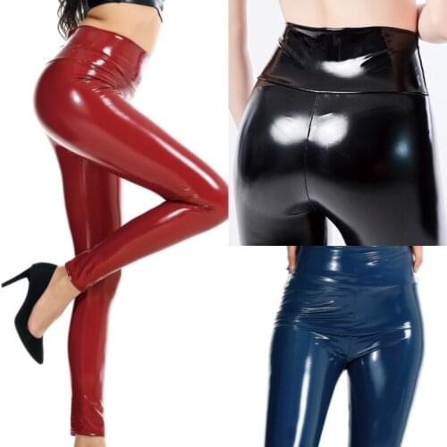 Womens leather pants shiny high-waisted abdomen sexy tight leggings