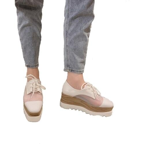 Women Platform Wedges Shoes Womans High Heels Casual Women Creepers Black Platform Heels Fall Mesh Lace Up Ladies Wedge Heels