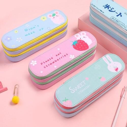 Korean Pencil Case Simple Large Capacity Pu Leather Pencils Box Double-Layer Stationery Box For Student School Stationery Supply