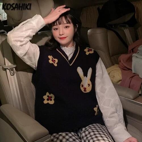 KOSAHIKI Y2K Sweaters Vintage Floral Graphic Knitted Sweater Vests Aesthetics V-neck Sleeveless Harajuku Pullovers Waistcoat