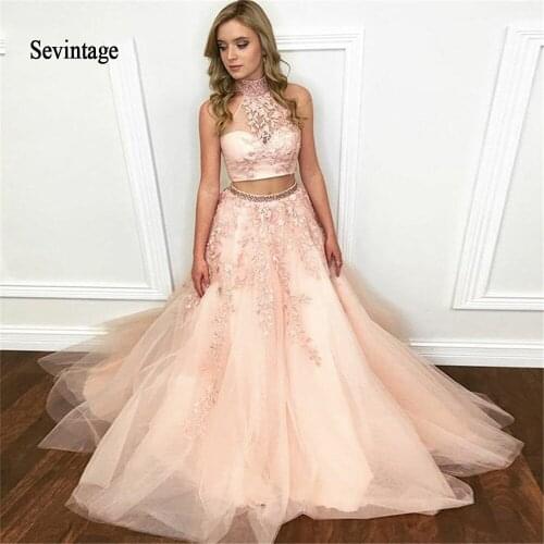Sevintage Two Pieces Beaded Halter Long Prom Dresses Appliques Women Wear Formal Party Dress Evening Gowns vestidos gala