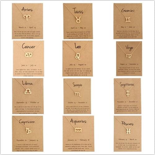 12 Constellation Charm Gold Necklace Zodiac Chain Alloy Card Necklace Aries Aquarius Charm Jewelry for Women and Men