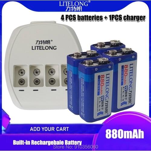 4PCS LITELONG 9V 880mAh Rechargeable Battery Li-Ion Rechargeable Battery + 9V Ni MH / Ni Cd / Li-Ion Battery Universal Charger