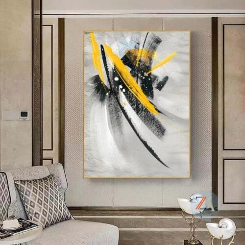 Abstract yellow, red and blue oil paintings are printed on canvas posters and printed on modern graffiti art wall paintings