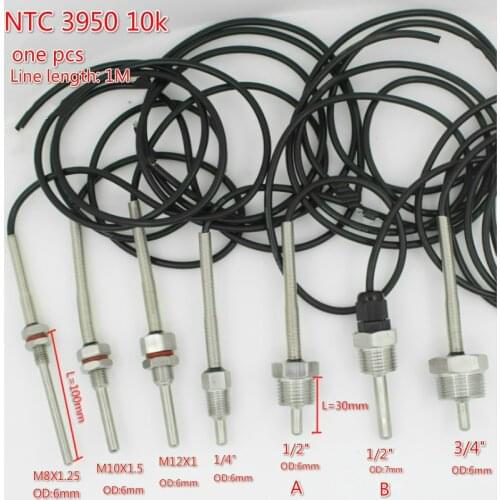 NTC 3950 10K Digital Temperature Sensor G1/2" 1/4" 3/4" M10X1.5 M12X1 Thread 1m PVC 2-core Wire SUS304 Stainless Steel Shell