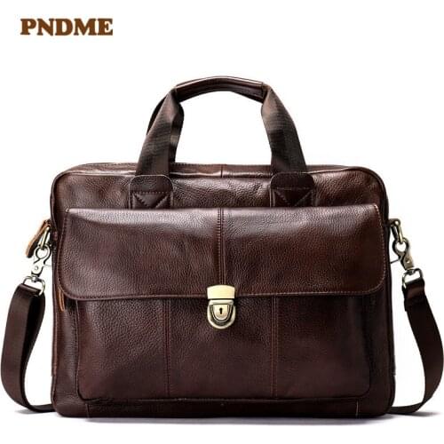 Business genuine leather mens briefcase vintage natural cowhide anti-theft handbag casual ladies work shoulder messenger bag