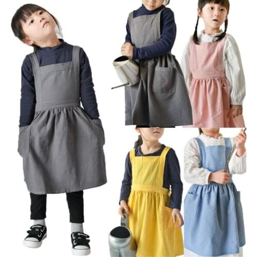 Cotton Linen New Kids Apron Child Painting Cooking Baby Pinafore Solid Color Kitchen Hot Sale Toddler Clean Aprons
