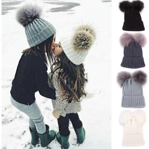 Hot Autumn Winter Baby Boys Girls Faux Fur Pompom Hat Female Warm Cap Knitted Beanie Girl Double Ball Pom Hats Kids Bonnet Femme