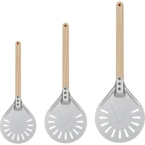 Hot XD-Perforated Pizza Turning Peel Pizza Shovel Wooden Handle Pizza Peel Paddle Short Pizza Tool Non Slip Handle