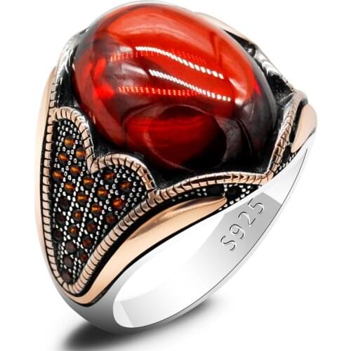 925 Silver Mens Ring Red Garnet Stone Vintage Handmade Turkish Ring for Women Rock Jewelry Christmas Gift for Women Gemstone